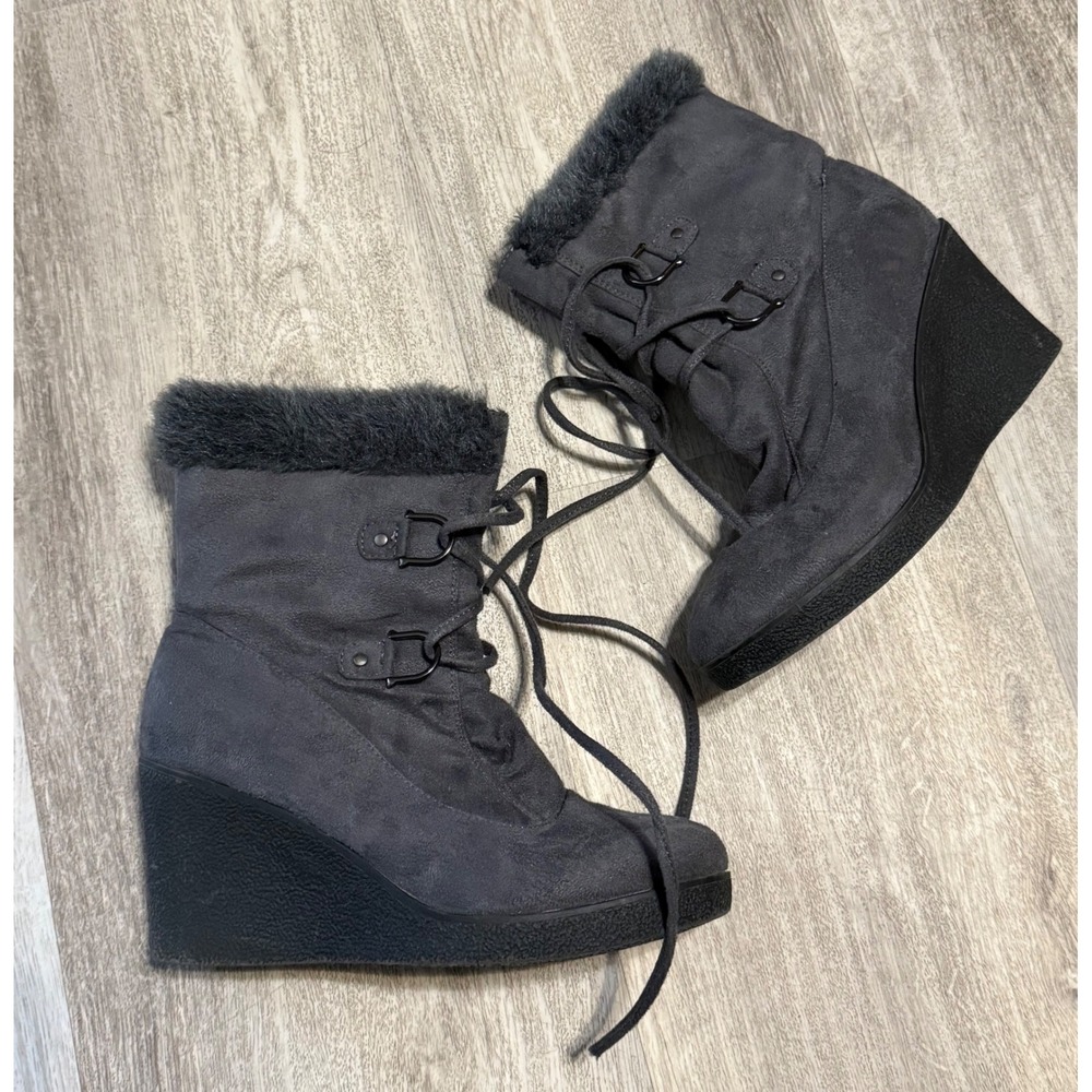 Womens Gray Faux Suede Wedge Ankle Boots Fur Trim Lace Up Warm Winter Shoes 6.5